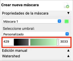 Panel de edición manual de InVesalius con el rango de umbral resaltado