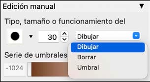 Menú desplegable de edición manual con las opciones Dibujar, Borrar y Umbral
