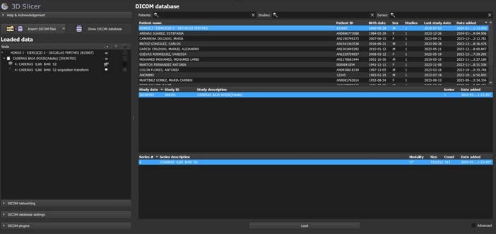 Base de datos DICOM de 3D Slicer con la lista de pacientes y series